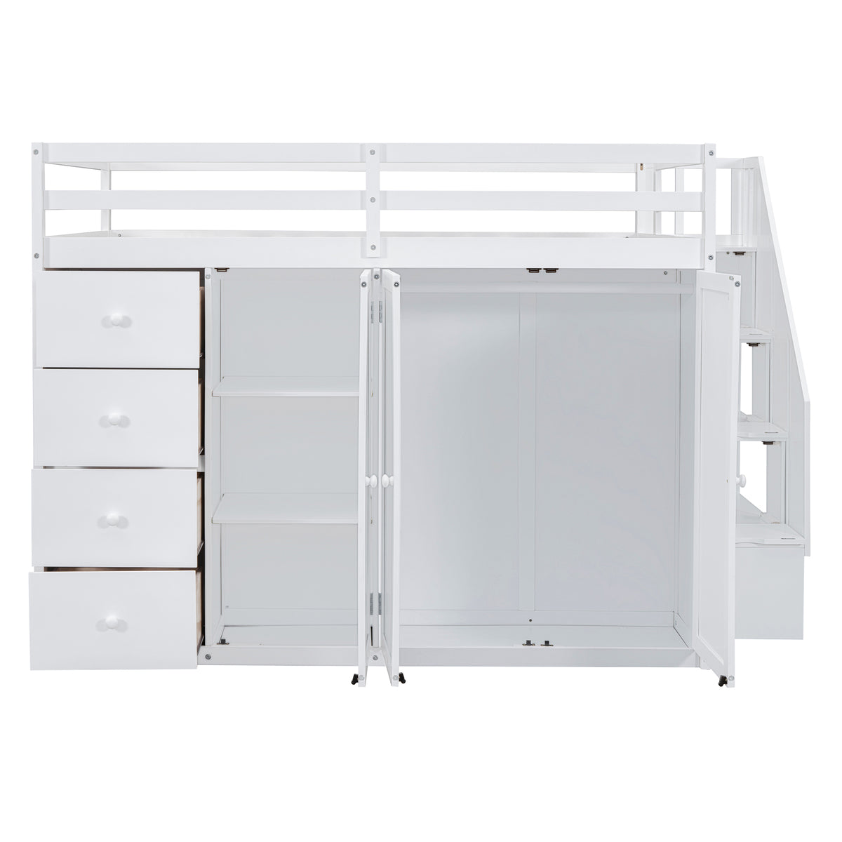 Full Size Wood Loft Bed With Built In Wardrobes, Cabinets And Drawers, White White Solid Wood Mdf