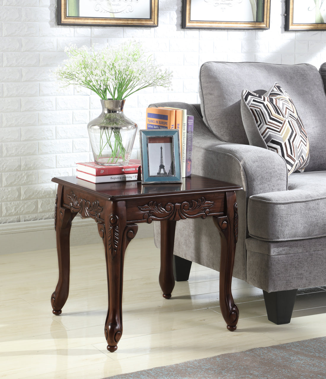Traditional Ornate Detailing Dark Cherry Finish Wood End Table Brown Wood