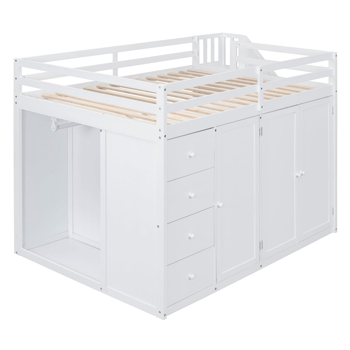 Full Size Wood Loft Bed With Built In Wardrobes, Cabinets And Drawers, White White Solid Wood Mdf