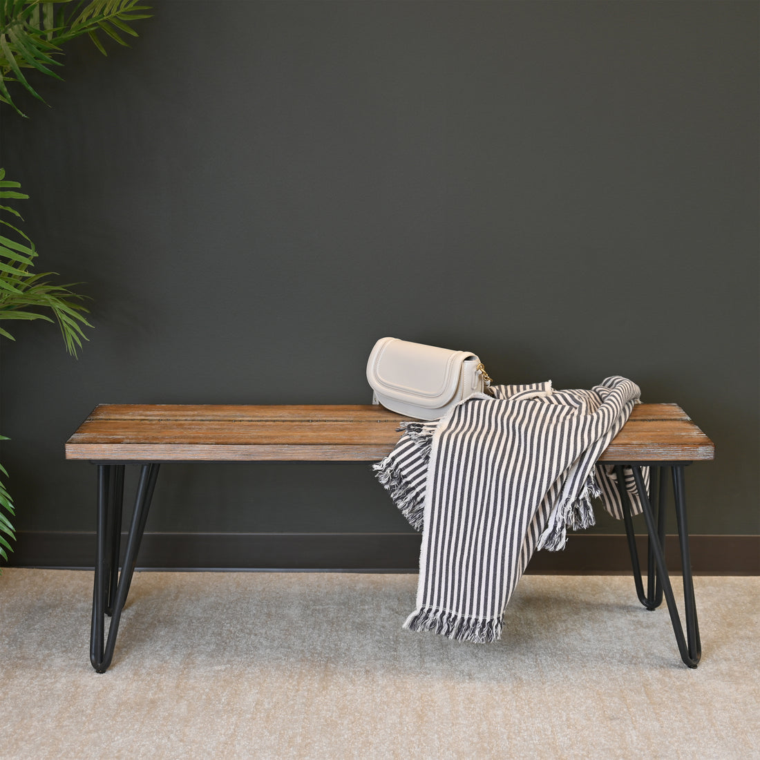 Aryven Industrial Wood Dining Bench, Rustic Dark Pine Finish Brown Mdf Metal