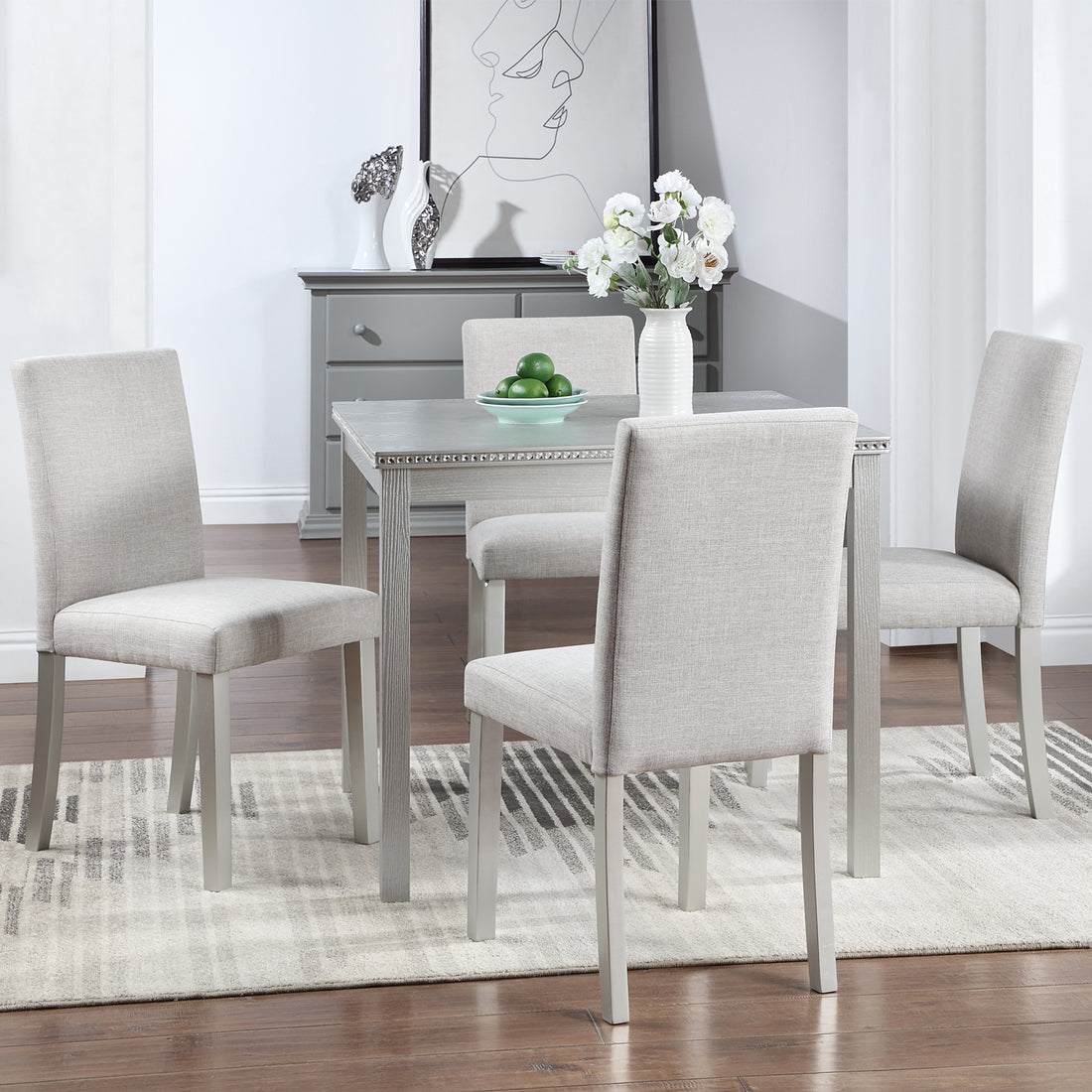 5 Piece Wooden Dining Table Set, Kitchen Table Set With A Square Table And 4 Upholstered Chairs, Wooden Dining Room Table With Crystal Decoration And Chairs Set For Kitchen, Dining Room, Silver Grey Beige Silver Gray Seats 4 Dining Room 4 Leg Square