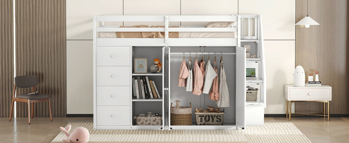 Full Size Wood Loft Bed With Built In Wardrobes, Cabinets And Drawers, White White Solid Wood Mdf