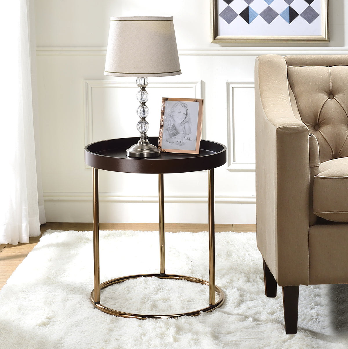 Genoa Round Tray Table With Metal Frame, Espresso Brown Mdf Metal