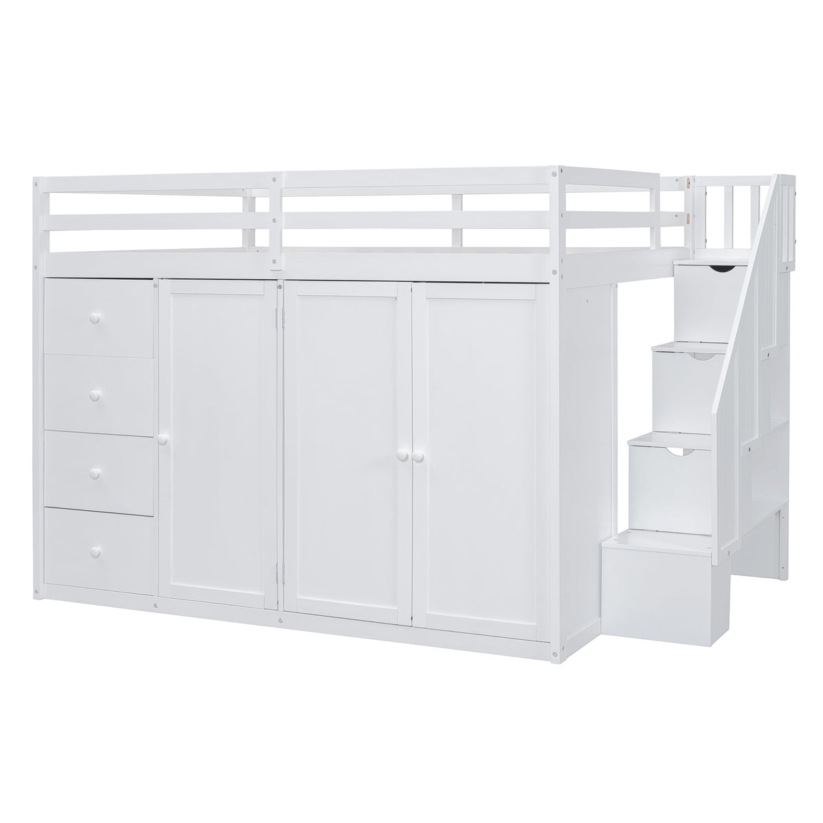 Full Size Wood Loft Bed With Built In Wardrobes, Cabinets And Drawers, White White Solid Wood Mdf