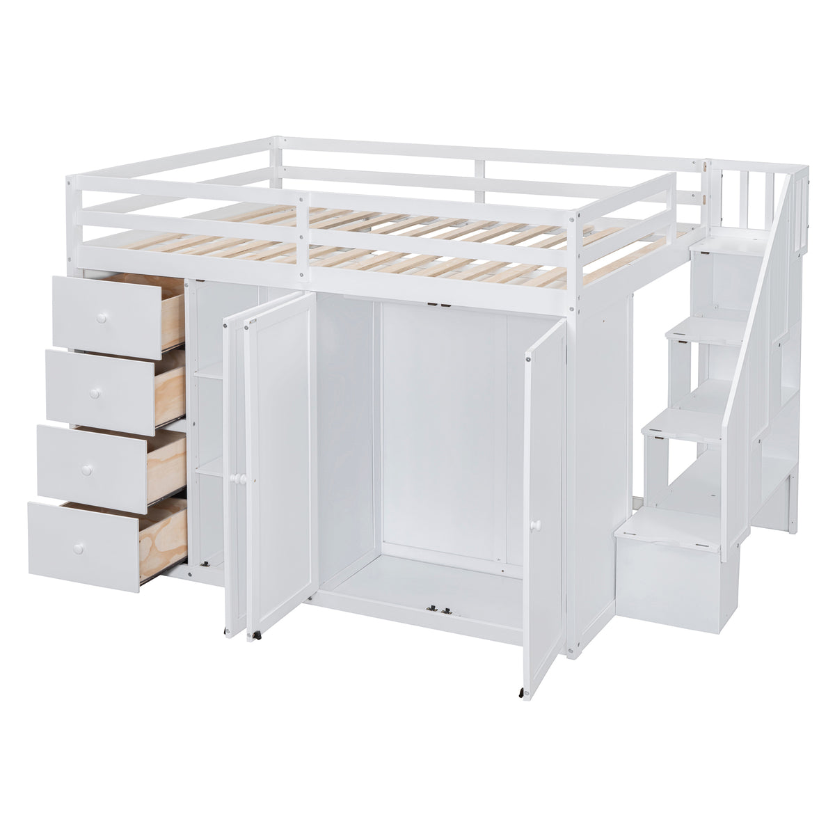 Full Size Wood Loft Bed With Built In Wardrobes, Cabinets And Drawers, White White Solid Wood Mdf