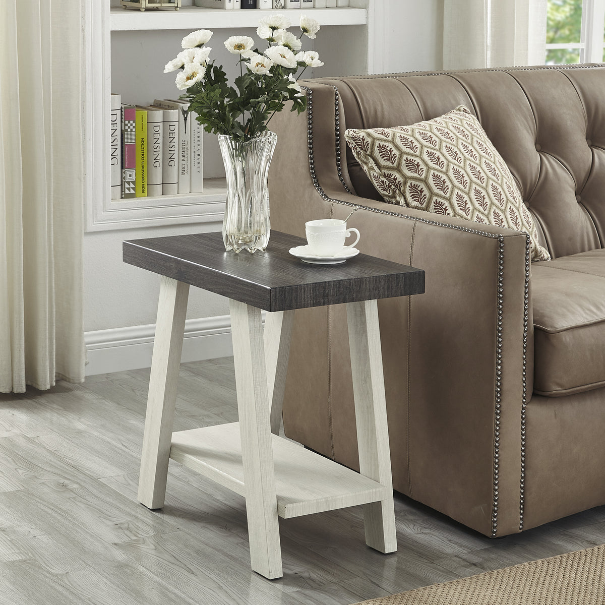 Athens Contemporary Two Tone Wood Shelf Side Table In Weathered Charcoal And Beige Multicolor Wood