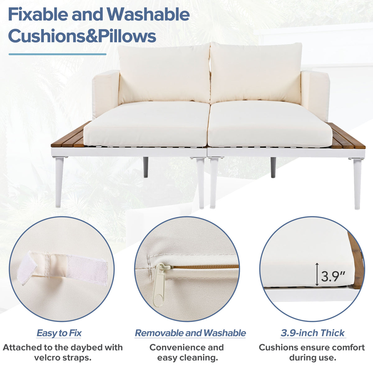 Modern Outdoor Daybed Patio Metal Daybed With Wood Topped Side Spaces For Drinks, 2 In 1 Padded Chaise Lounges For Poolside, Balcony, Deck, Beige Yes Lounge Beige Weather Resistant Frame Fade