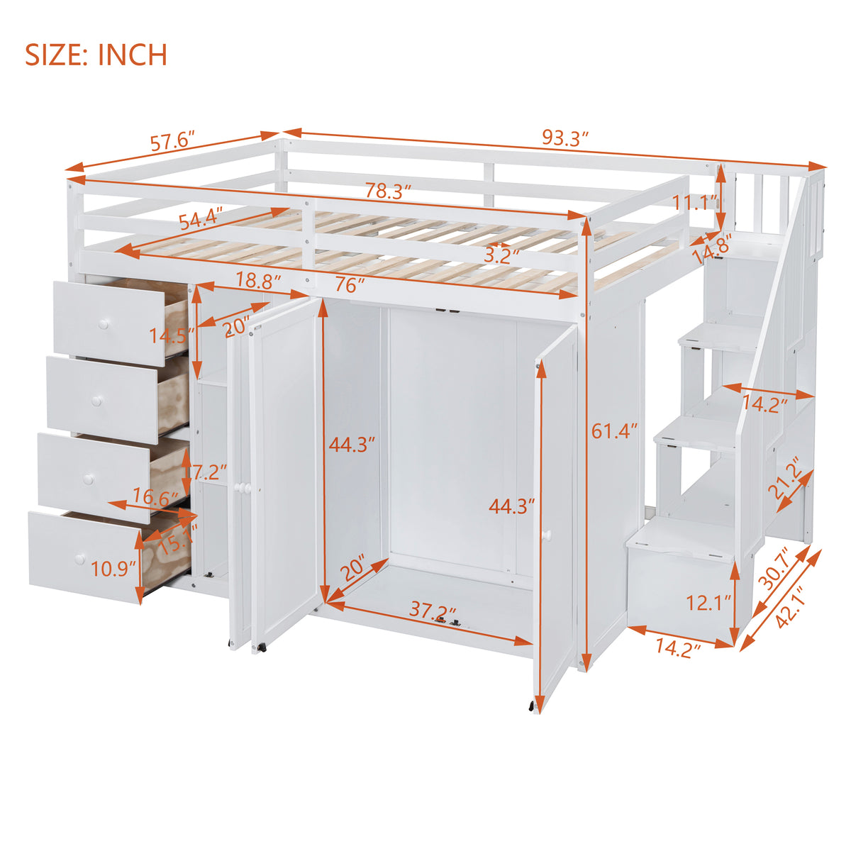 Full Size Wood Loft Bed With Built In Wardrobes, Cabinets And Drawers, White White Solid Wood Mdf