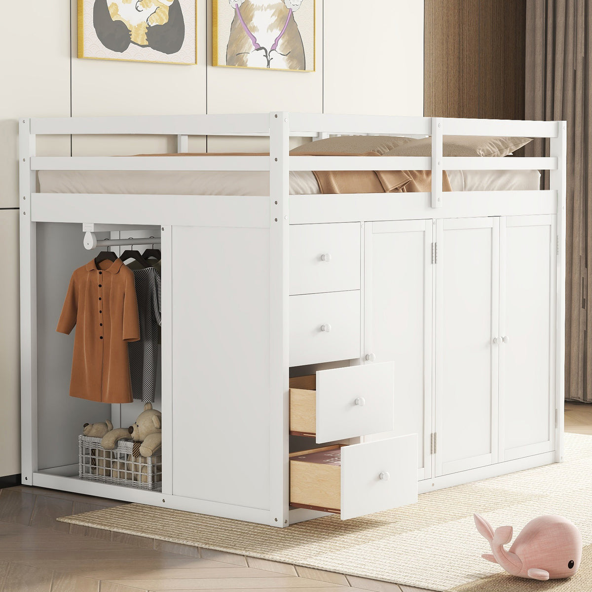 Full Size Wood Loft Bed With Built In Wardrobes, Cabinets And Drawers, White White Solid Wood Mdf