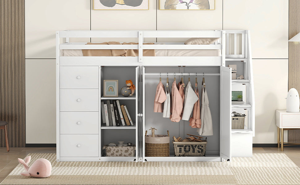 Full Size Wood Loft Bed With Built In Wardrobes, Cabinets And Drawers, White White Solid Wood Mdf