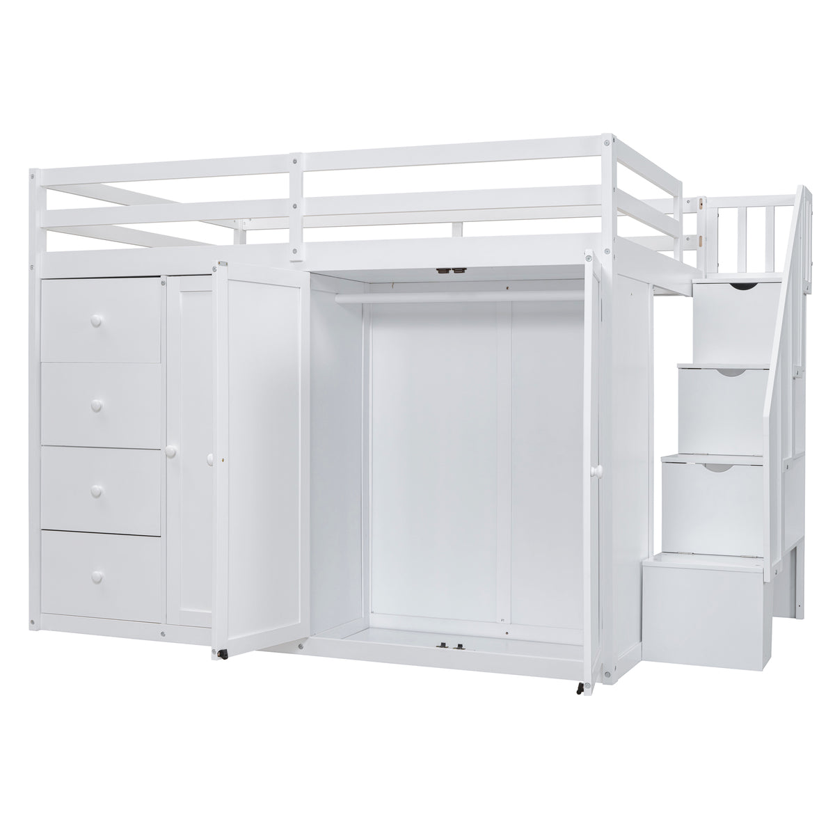 Full Size Wood Loft Bed With Built In Wardrobes, Cabinets And Drawers, White White Solid Wood Mdf