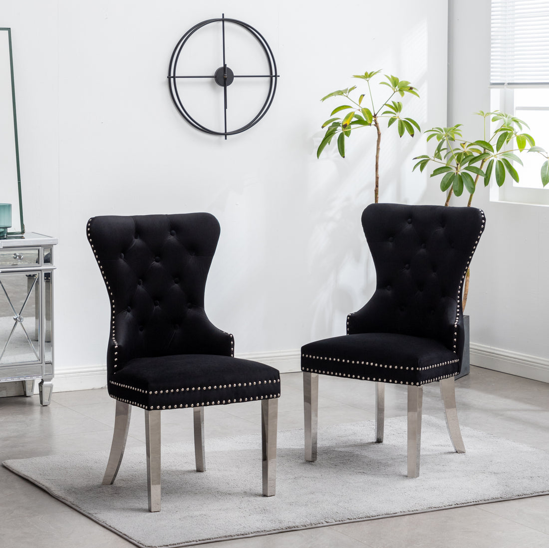 Montura Contemporary Tufted Velvet Chair With Trim, Set Of 2, Black Black Velvet