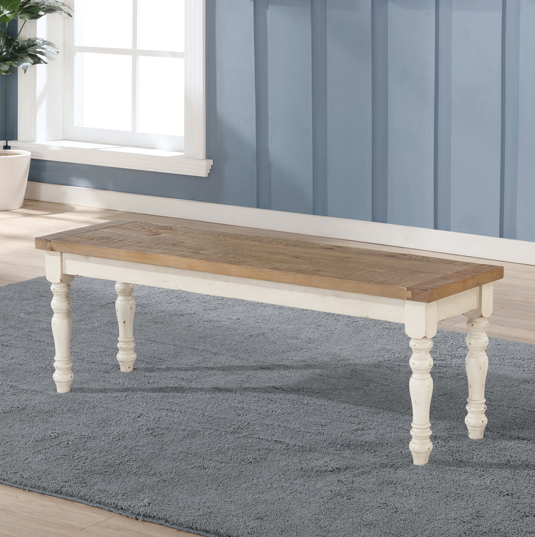 Prato Two Tone Wood Upholstered Dining Bench, Antique White And Distressed Oak White Wood