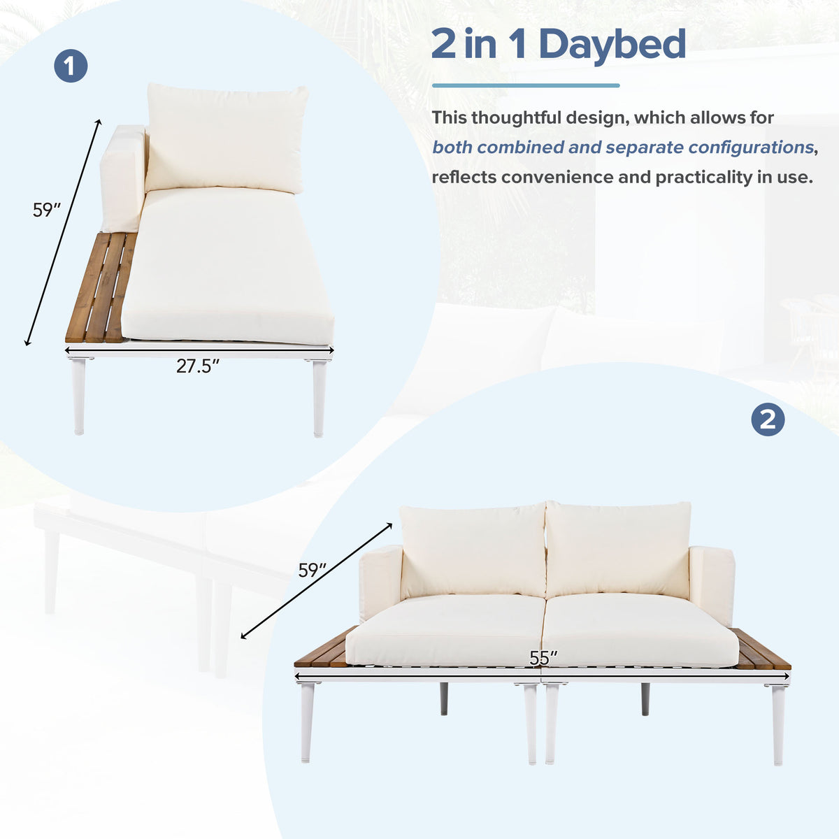 Modern Outdoor Daybed Patio Metal Daybed With Wood Topped Side Spaces For Drinks, 2 In 1 Padded Chaise Lounges For Poolside, Balcony, Deck, Beige Yes Lounge Beige Weather Resistant Frame Fade