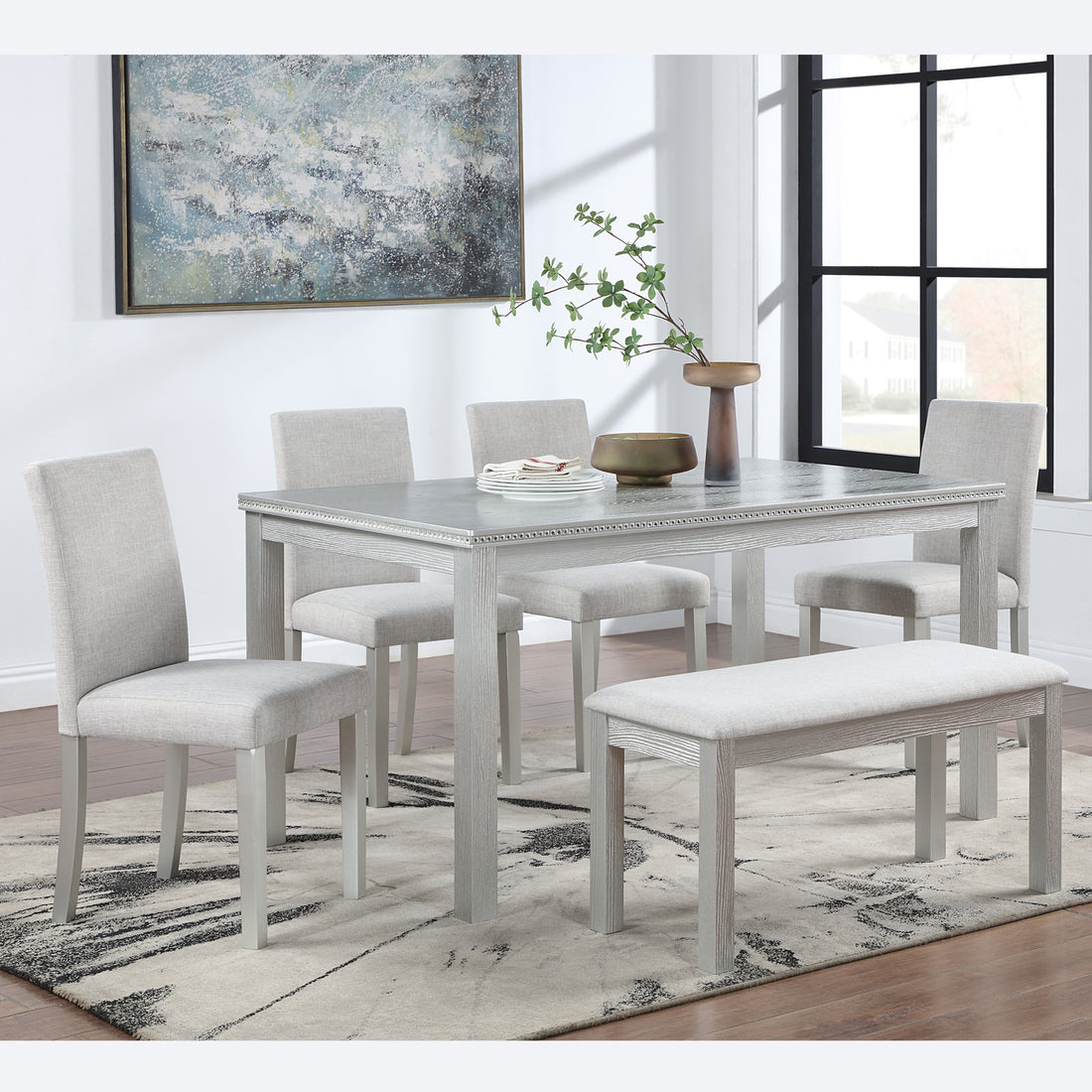 Wooden Dining Rectangular Table With Bench, Kitchen Table With Bench For Small Space, 6 Person Dining Table, Silver Grey Beige Silver Gray Seats 6 Dining Room Rectangular 4 Leg Rectangular Dining Table With Chair And Bench Solid Wood Mdf