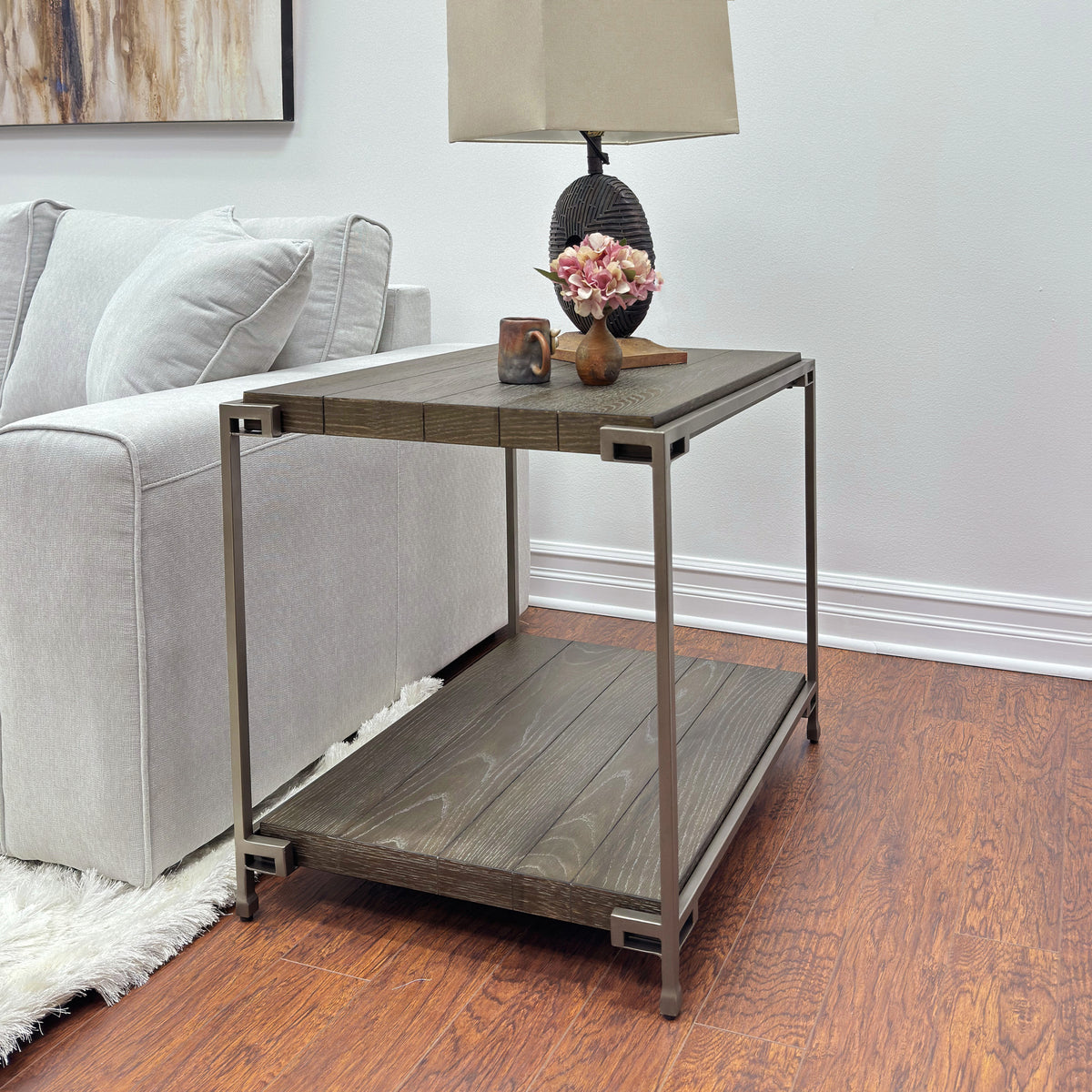 Corbeta Metal Frame Wood Living Room End Table With Shelf, Aged Graphite Brown Metal & Wood