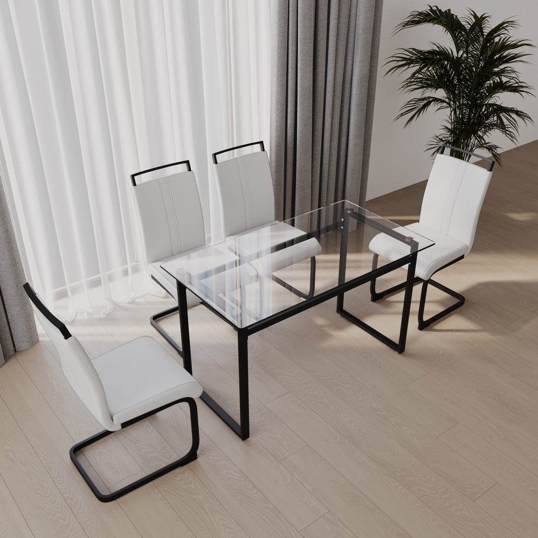 51 Inch Glass Dining Table Set For 4, Dining Table & Chair Sets With Black Metal Legs For Kitchen, Modern Rectangle Tempered Glass Table Top And Pu Dining Armless Chair For Dining Room Transparent Glass
