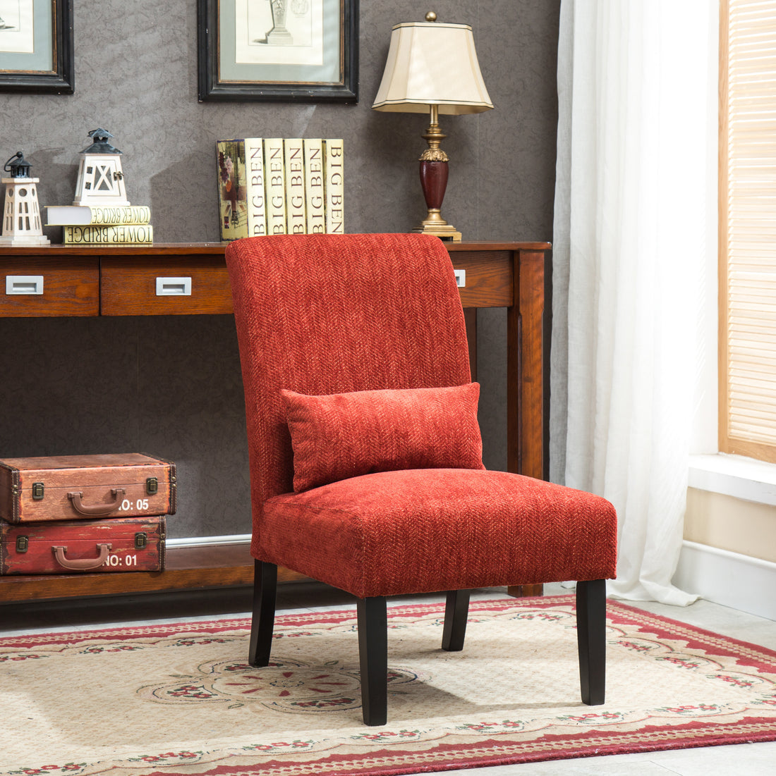 Pisano Contemporary Chenille Fabric Armless Accent Chair With Pillow, Red Red Polyester