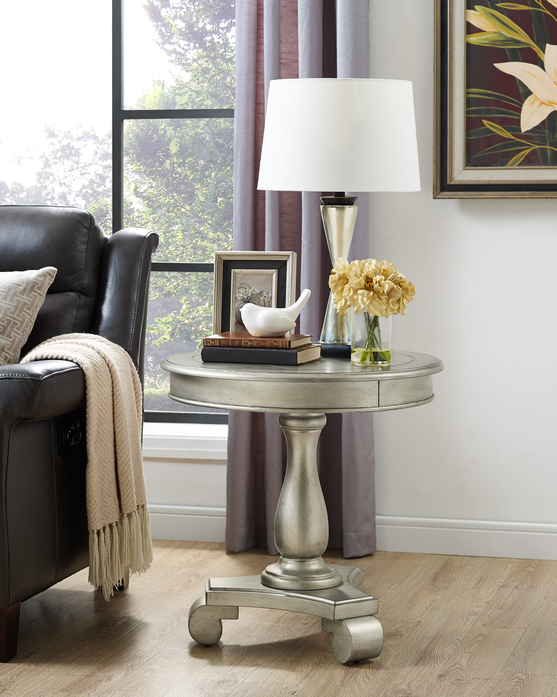 Rene Round Wood Pedestal Side Table, Champagne Champagne Wood