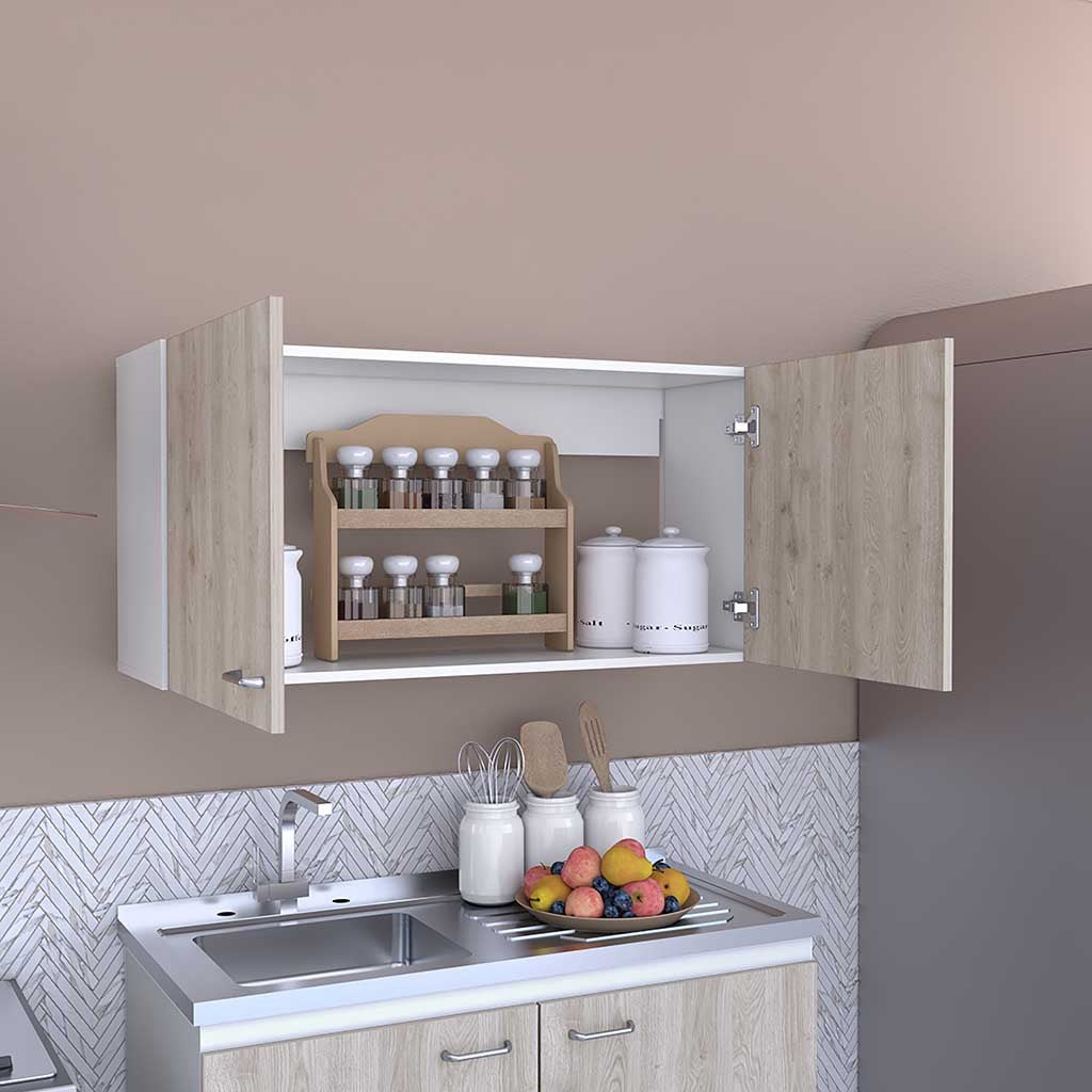 Wall Cabinet 19"H, Two Doors, Two Internal Shelves, White Light Gray Multicolor Particle Board Particle Board