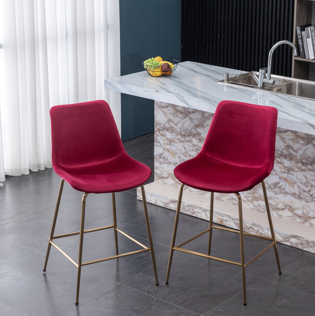 Aufurr Modern Velvet 26.50 Counter Height Stool, Set Of 2, Red Red Velvet