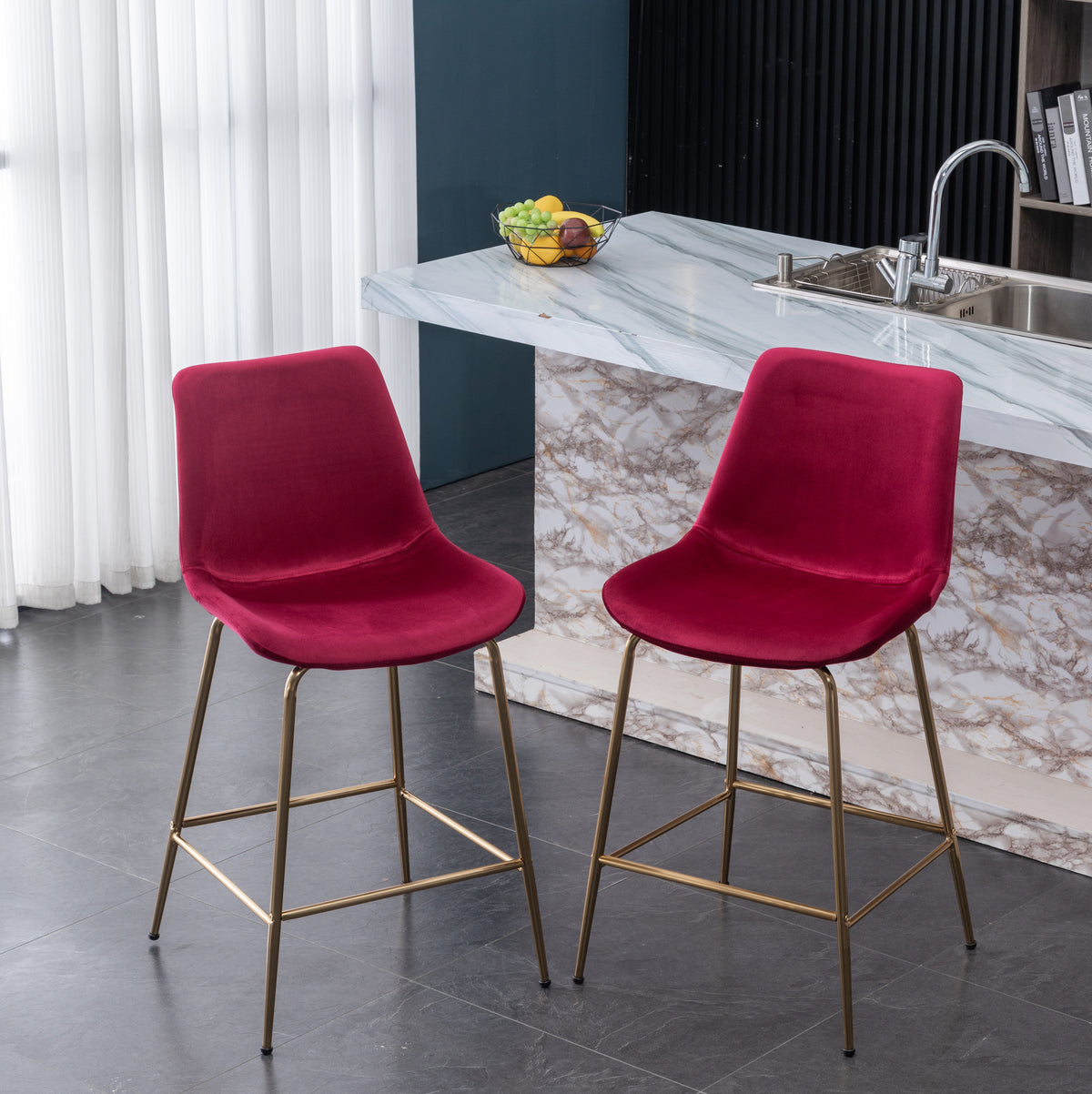 Aufurr Modern Velvet 26.50 Counter Height Stool, Set Of 2, Red Red Velvet