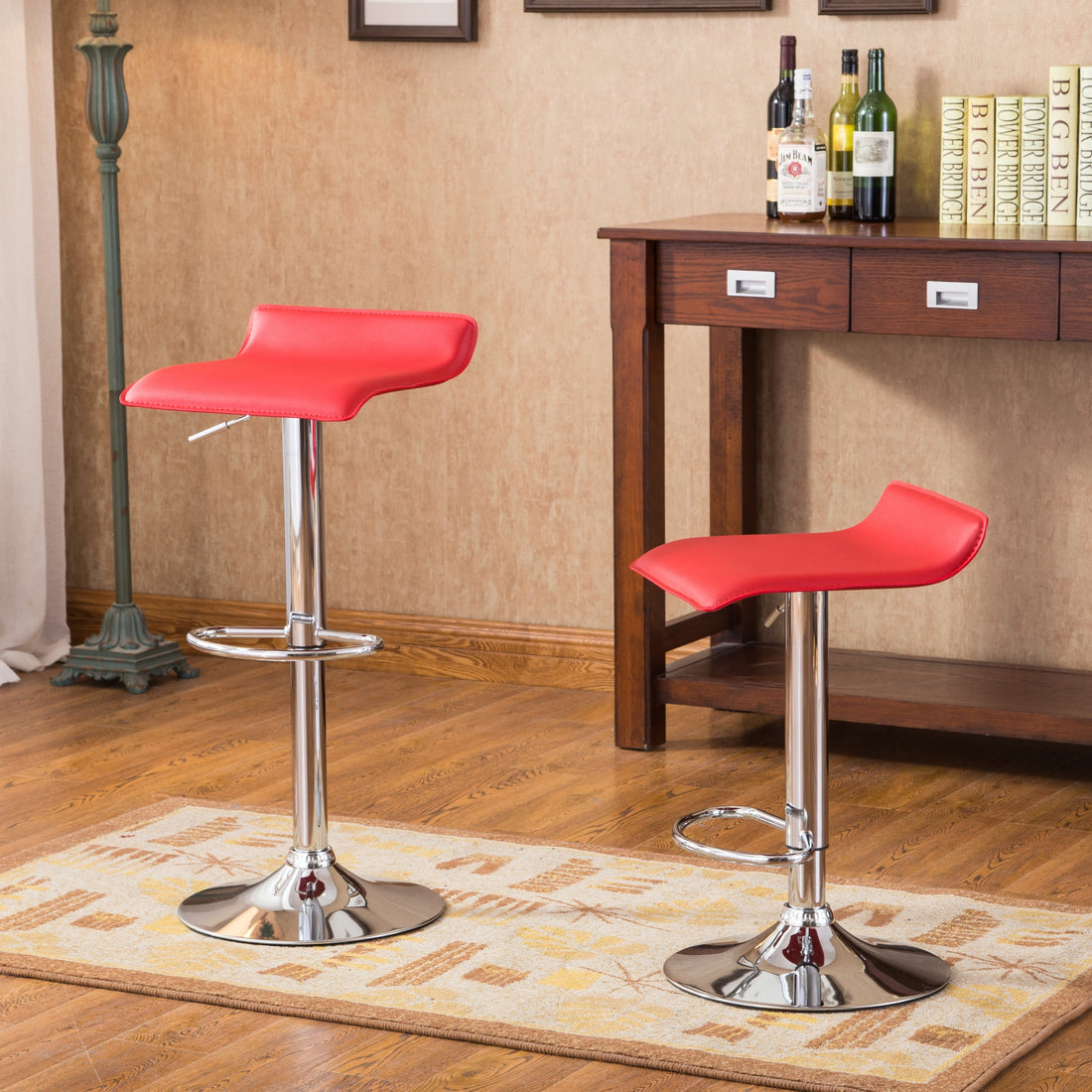 Contemporary Chrome Air Lift Adjustable Swivel Stools With Red Seat, Set Of 2 Red Faux Leather
