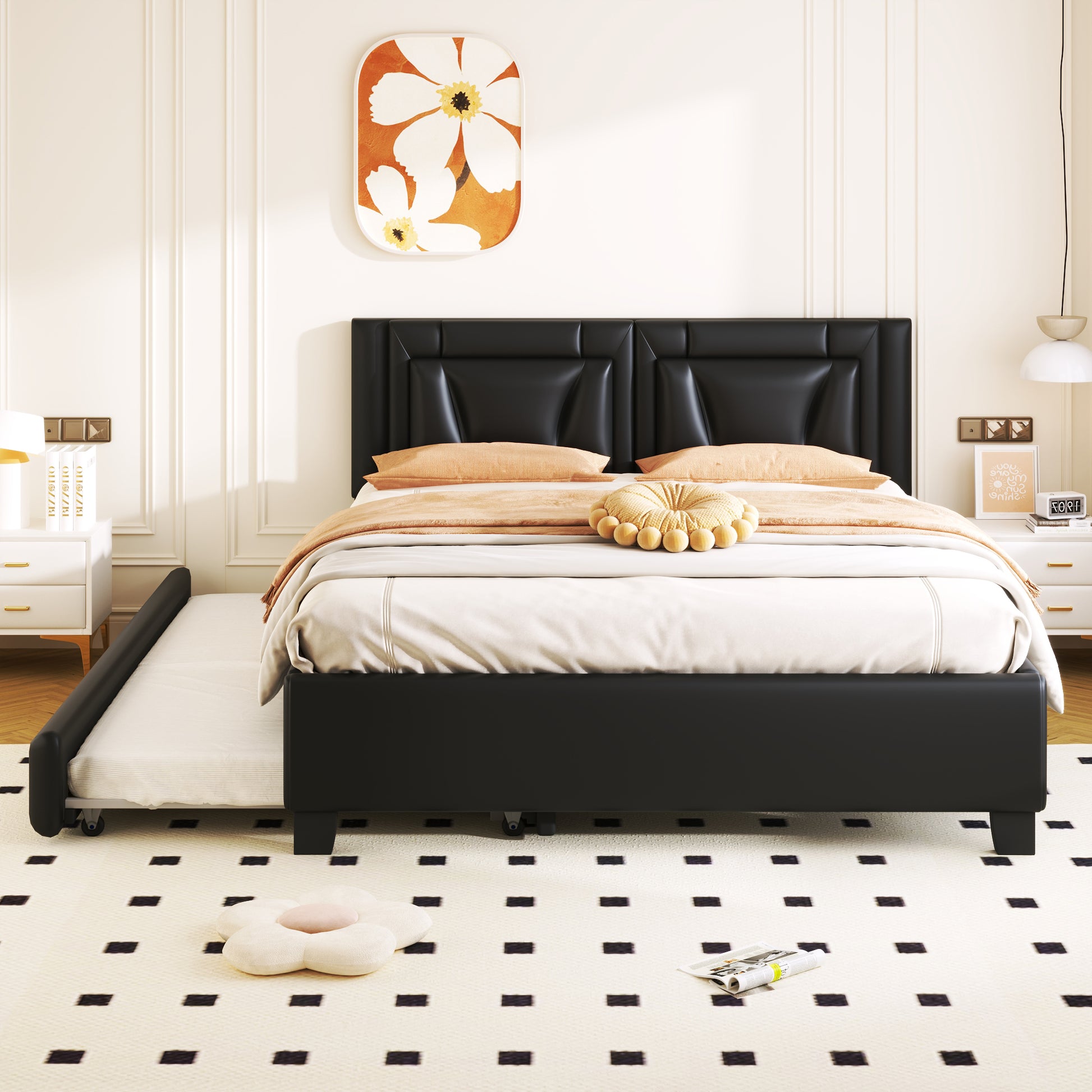 Queen Size Upholstered Platform Bed With Headboard And Twin Size Trundle, Black Box Spring Not Required Queen Black Bedroom Faux Leather Upholstered