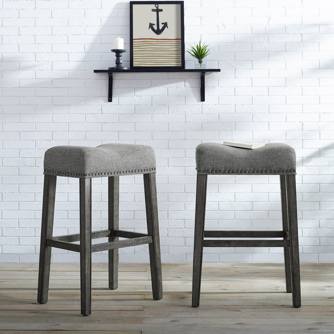 Coco Upholstered Backless Saddle Seat Bar Stools 29" Height Set Of 2, Gray Gray Wood
