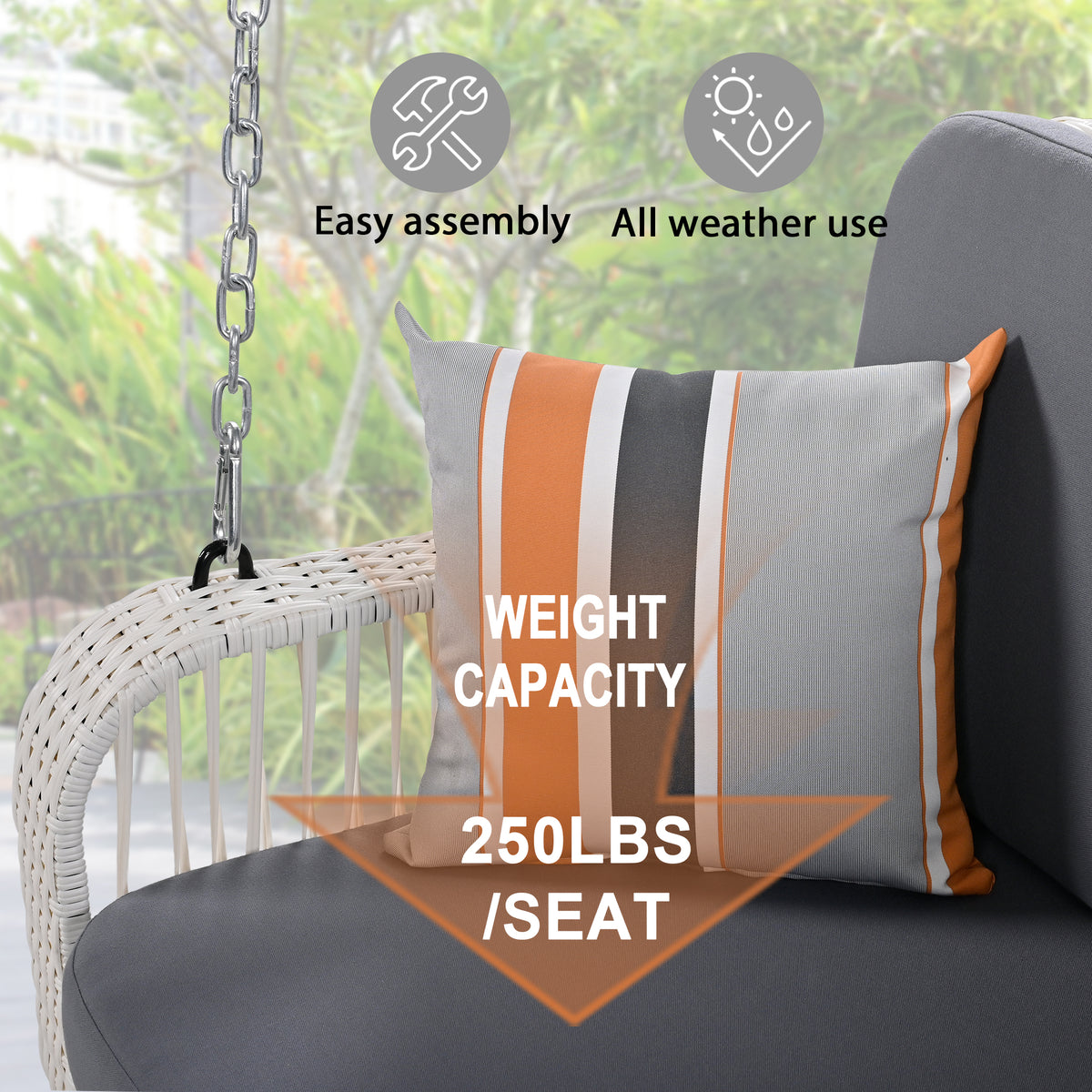 Pe Wicker Porch Swing, 2 Seater Hanging Bench With Chains, Patio Furniture Swing For Backyard Garden Poolside, White And Gray Grey White Foam Wicker