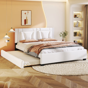 Queen Size Upholstered Platform Bed With Headboard And Twin Size Trundle, White Box Spring Not Required Queen White Bedroom Faux Leather Upholstered