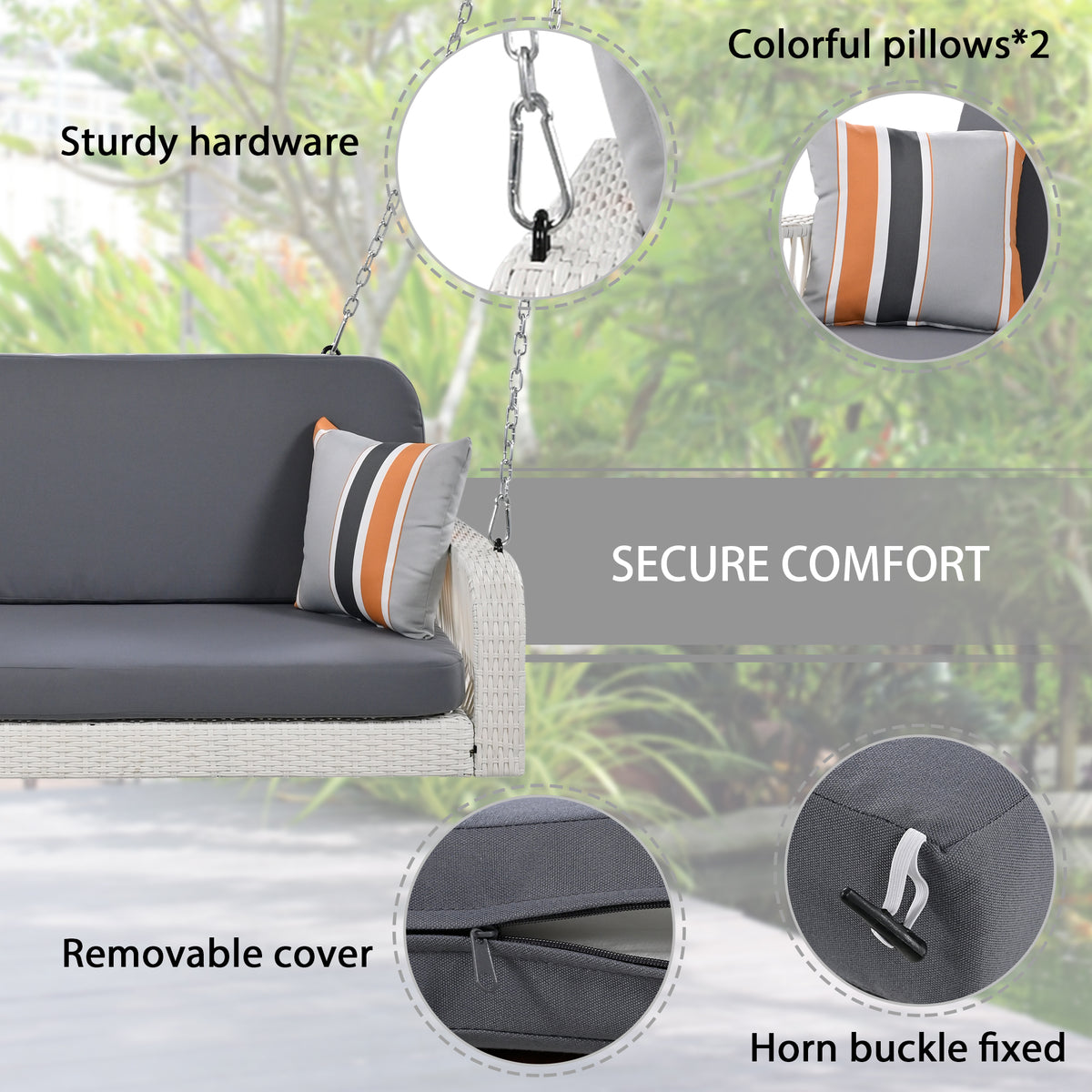 Pe Wicker Porch Swing, 2 Seater Hanging Bench With Chains, Patio Furniture Swing For Backyard Garden Poolside, White And Gray Grey White Foam Wicker