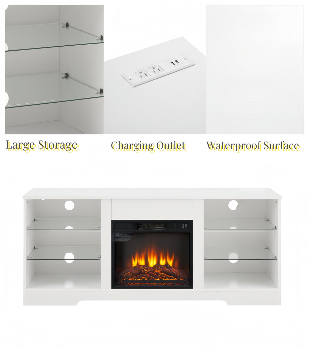 Tv Stand Electric Fireplace Tv Stand With Glass Shelves, 3D Fireplace Tv Stand With Led Lights Wood With Usb Charging Outlet Modern Television Table Center For Tv Up To 32 62" White 58''W*15.5''D*24.4 White 50 59 Inches Mdf
