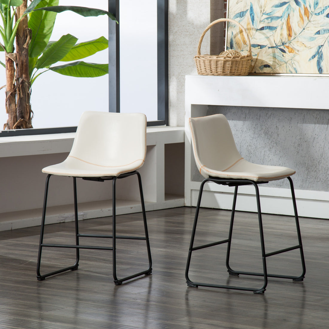 Lotusville Vintage Pu Leather Counter Height Stools, Set Of 2, White White Faux Leather