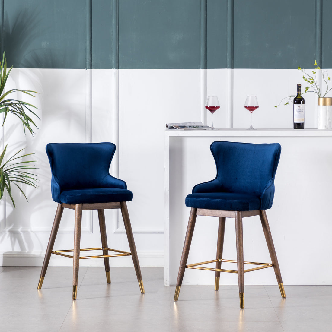 Leland Fabric Upholstered Counter Height Wingback Stools, Set Of 2, Blue Blue Polyester
