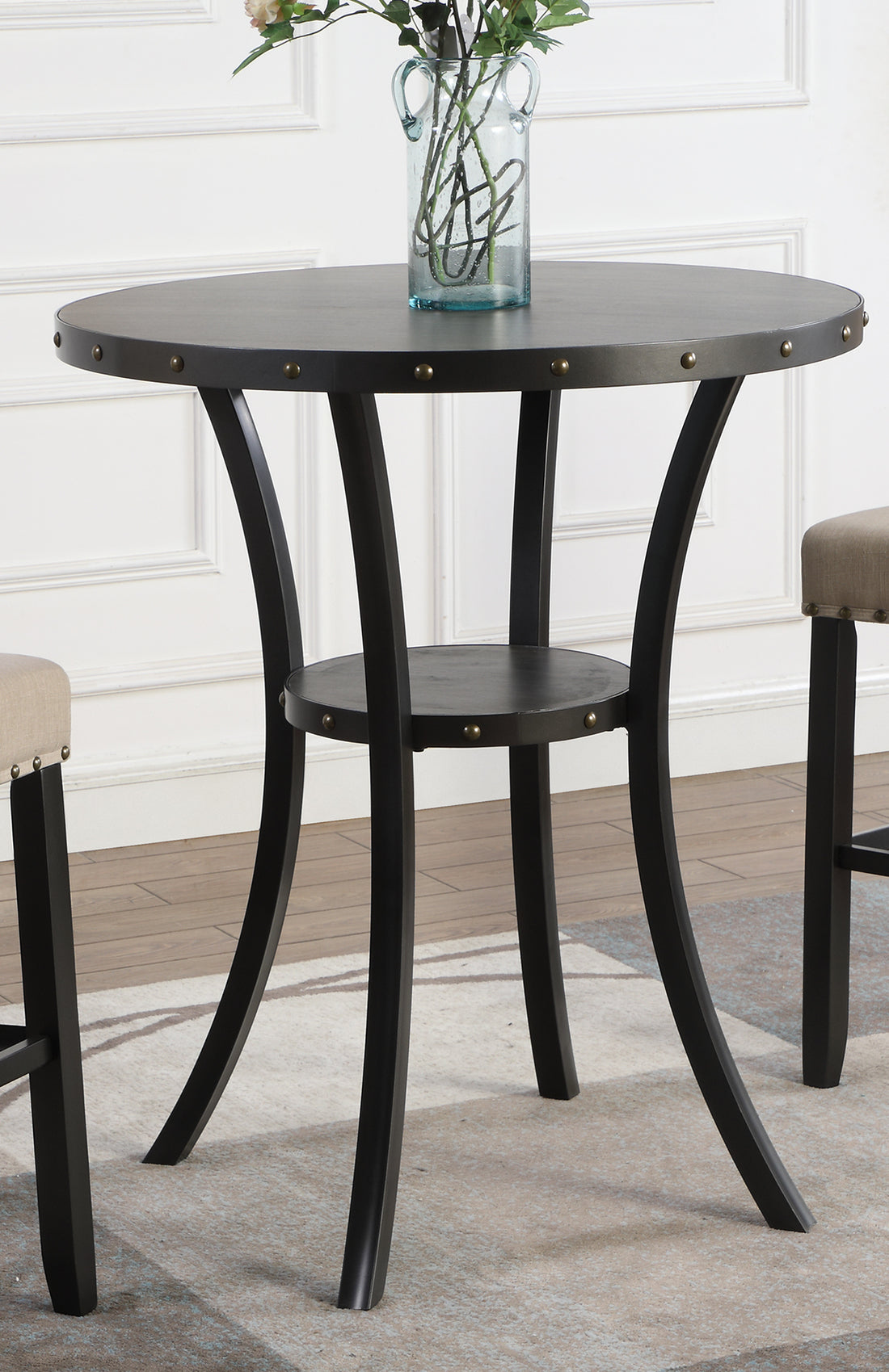 Biony 36" Round Espresso Finish Bar Table Nail Head Trim Espresso Wood