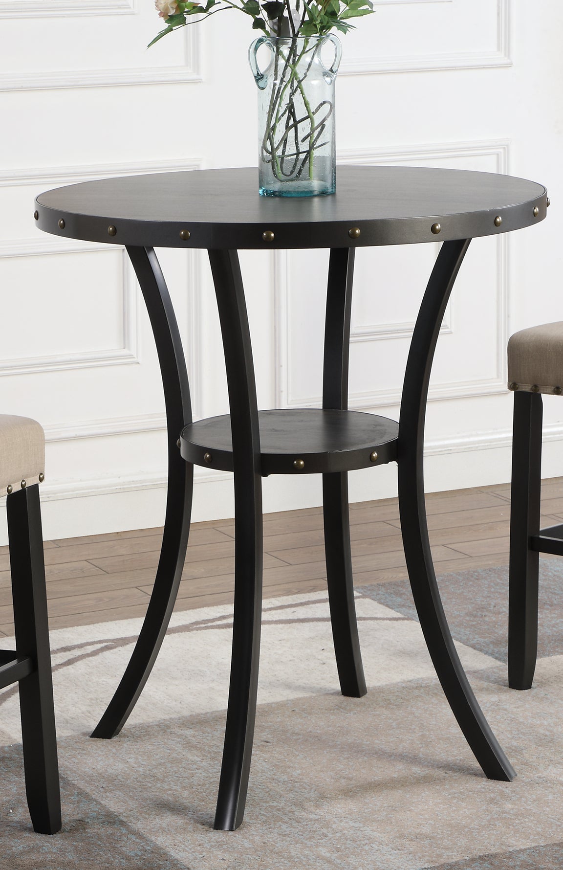 Biony 36" Round Espresso Finish Bar Table Nail Head Trim Espresso Wood