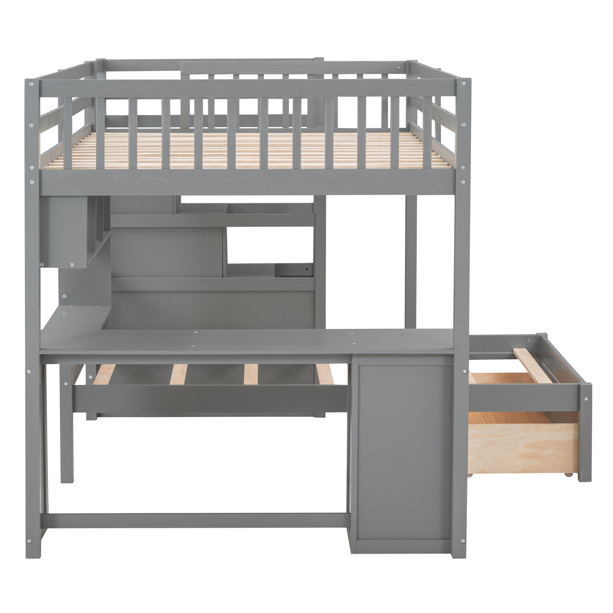 Full Over Twin Bunk Bed With Desk, Drawers And Shelves, Gray Gray Solid Wood