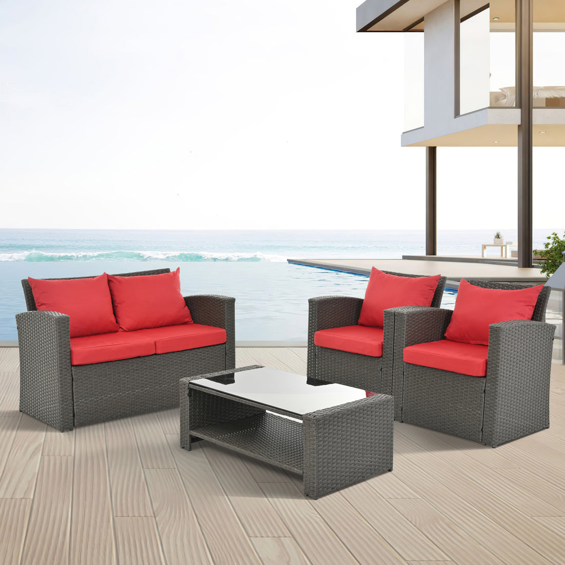 Patio Furniture Sets Dark Gray Seats 4 Pe Rattan Iron Waterproof Fabric