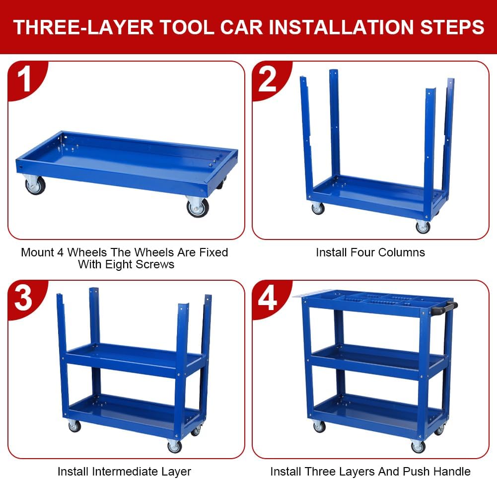 Tool Cart On Wheels, 3 Tier Rolling Mechanic Tool Cart, Heavy Duty Steel Utility Cart W Lockable Wheels, 450 Lbs Capacity Industrial Service Cart For Garage, Warehouse, Workshop Blue Blue Abs Steel