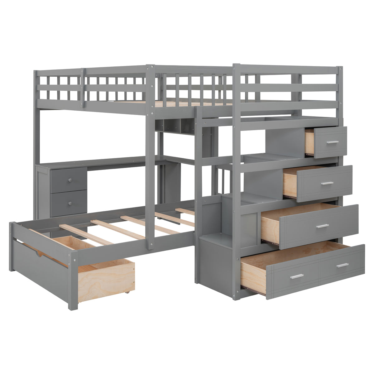 Full Over Twin Bunk Bed With Desk, Drawers And Shelves, Gray Gray Solid Wood
