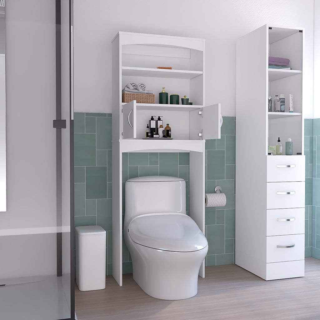 65H" Over The Toilet Double Door Cabinet, Three Shelves, White White Particle Board Particle Board