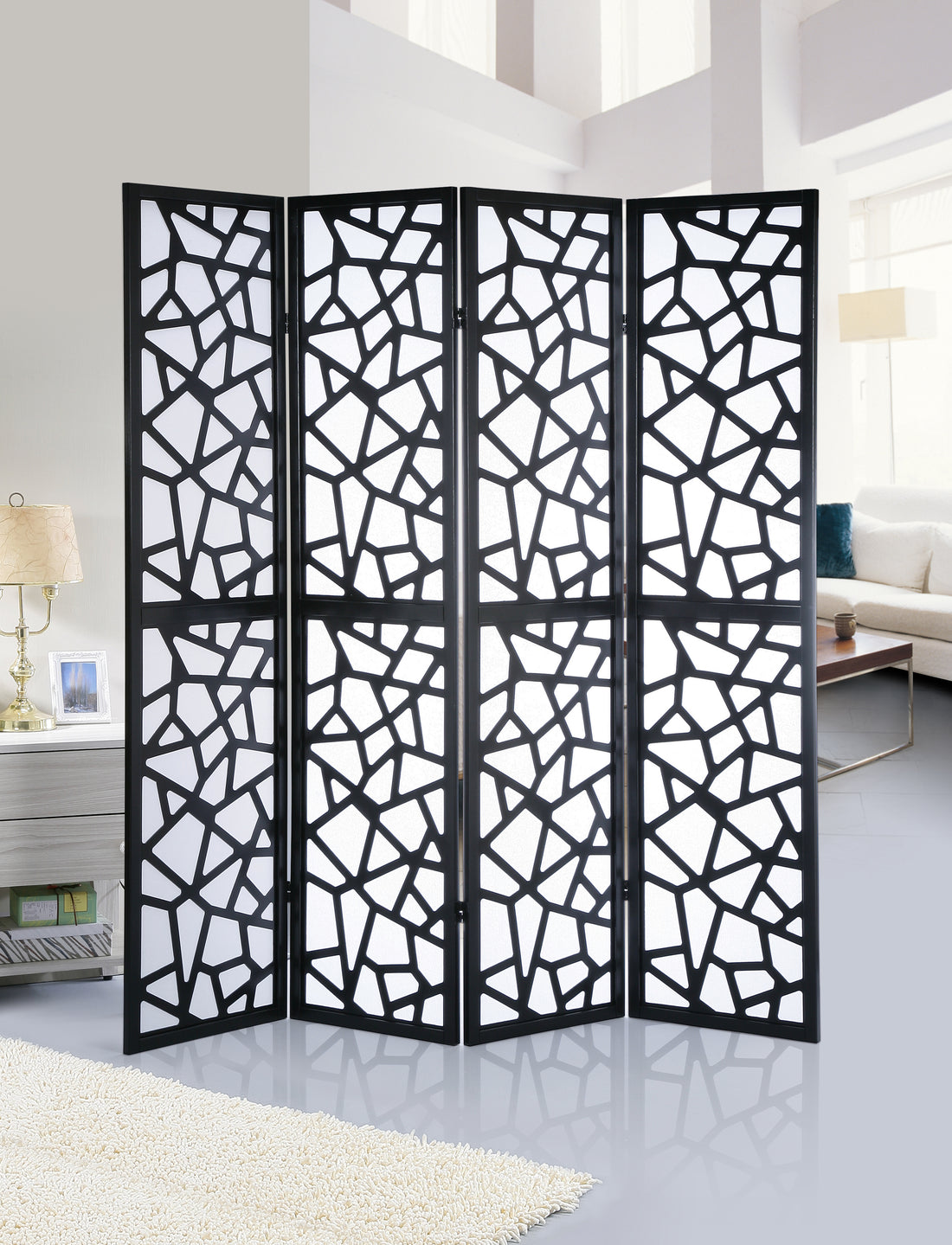 Giyano 4 Panel Screen Room Divider, Black Black Wood Paper