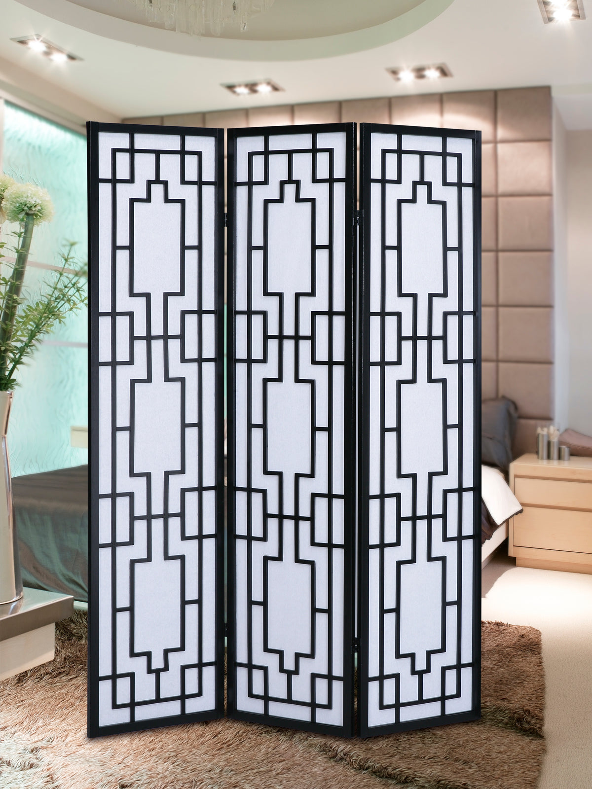 Sudoku 3 Panel Room Divider Screen, Black Black Wood Paper