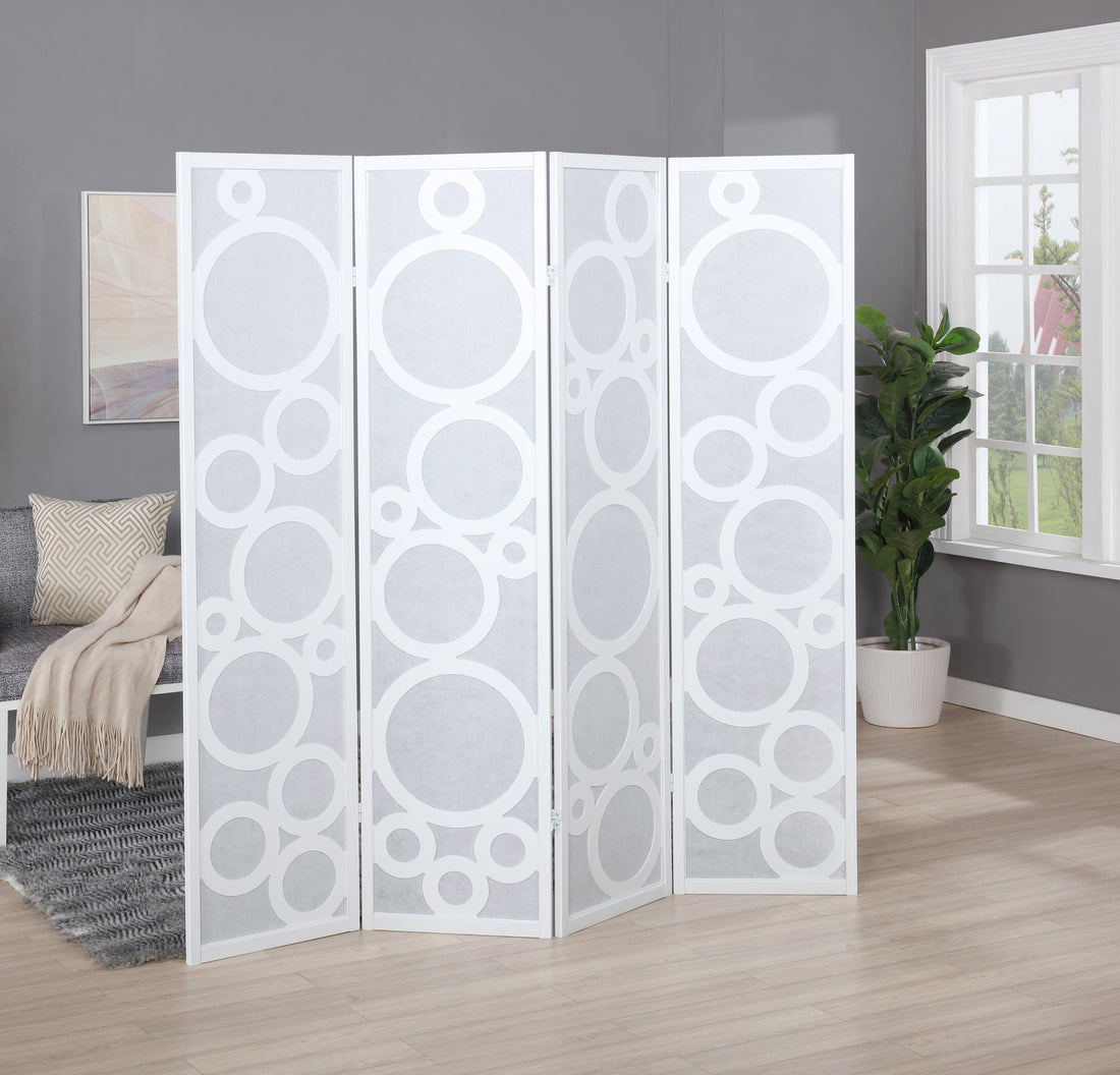Arvada 4 Panel Wood Room Divider With Circle Pattern, White White Wood Paper