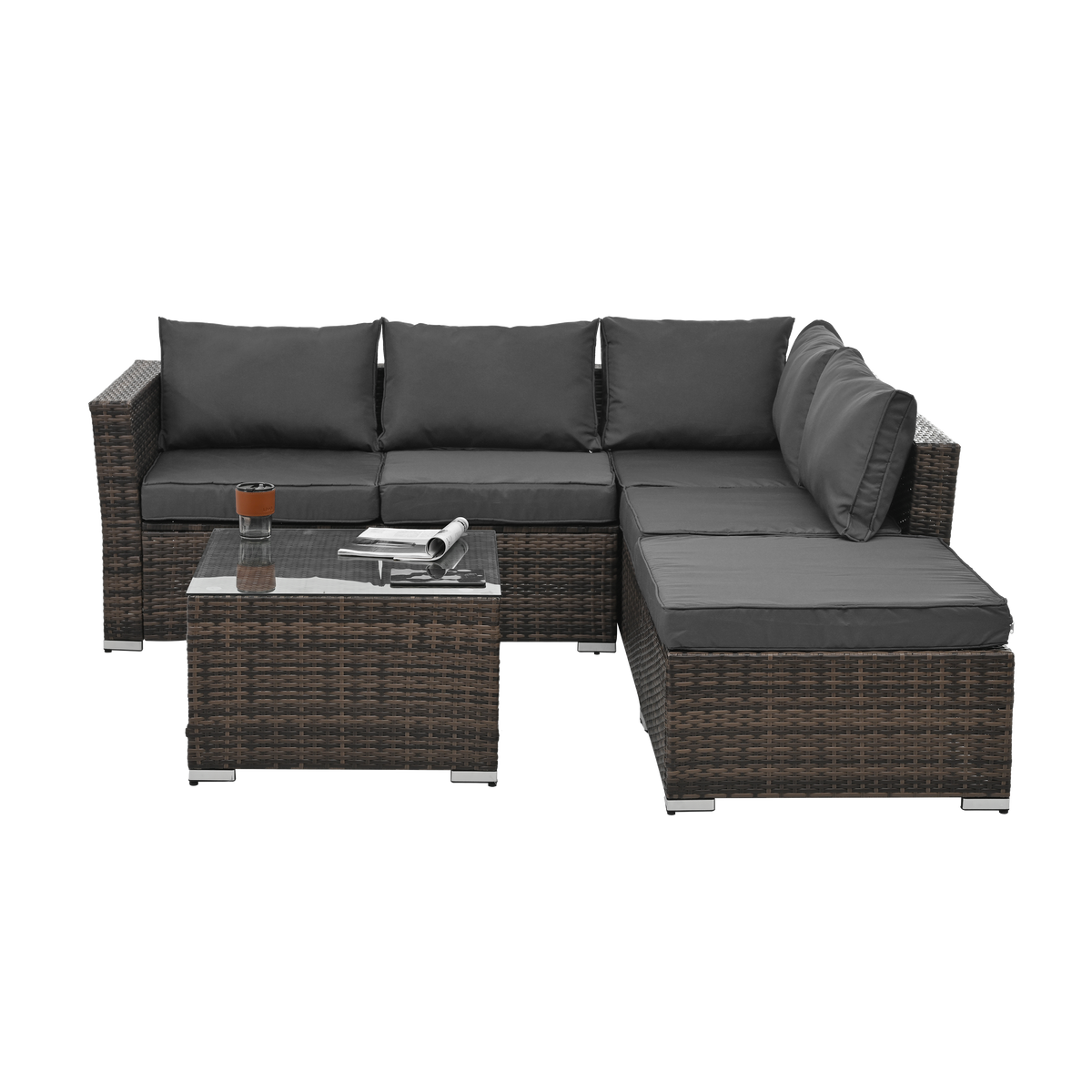 Patio Furniture, Outdoor Furniture, Seasonal Pe Wicker Furniture, 4 Set Wicker Furniture With Tempered Glass Coffee Table Brown Pe Rattan Iron Waterproof Fabric
