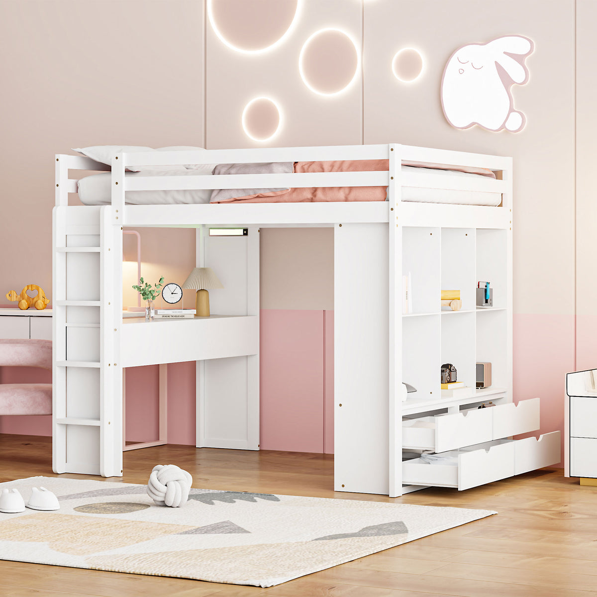 Full Size Loft Bed With Large Shelves, Writing Desk And Led Light, White White Solid Wood Mdf