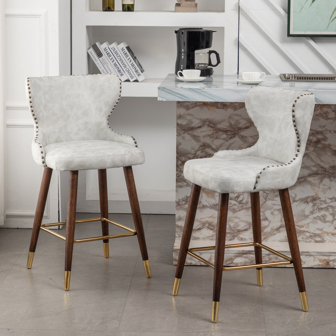 Nevis Mid Century Modern Faux Leather Tufted Trim Counter Stool Set Of 2, Off White White Fabric