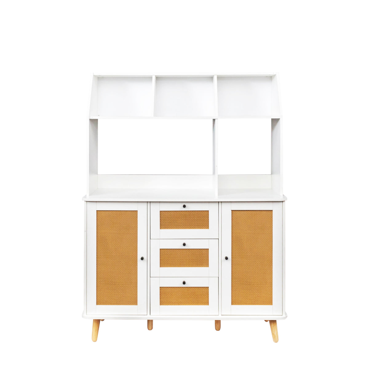 Cabinet With Rattan Door And 3 Drawers,Floor Cabinet With Storage,Buffet Cabinet For Living Room, Dining Room, Entryway White Mdf