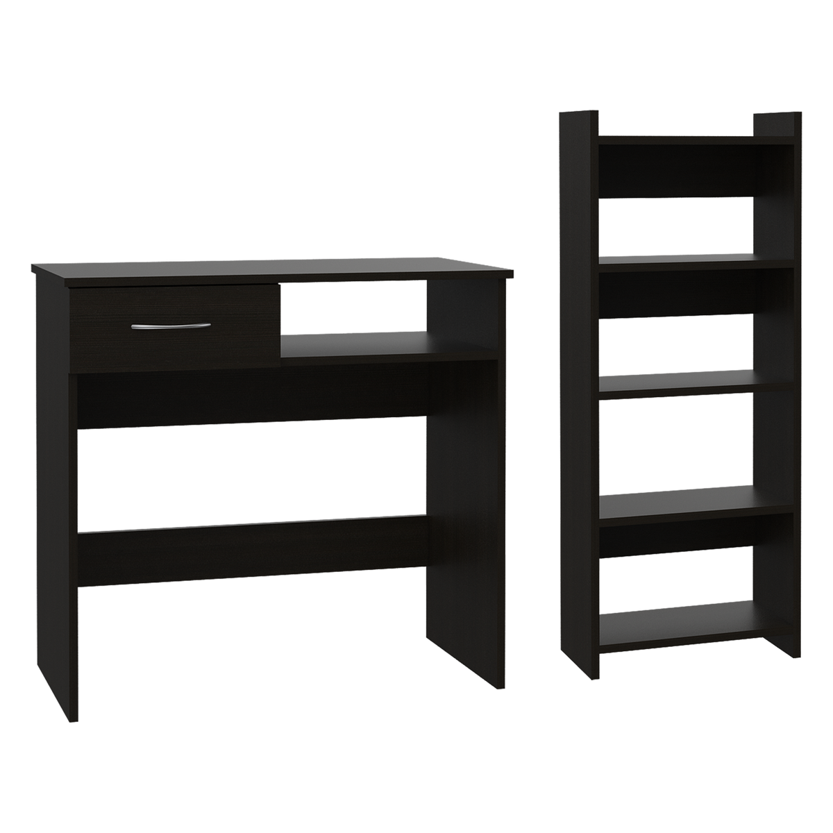 Treia Home Office Set, Two Parts Set, One Drawer, Desktop, Keyboard Tray, Stand, Five Shelves, Black Black Particle Board Particle Board